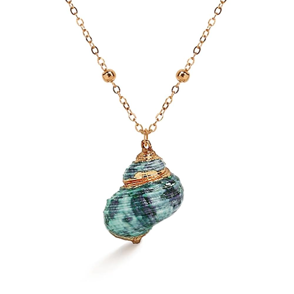El Regalo Retro Green Cowrie Shell Golden Electroplated Necklace for Girls & Women | Bohemian Style Cowrie Sea Shell Handmade Beach Necklace