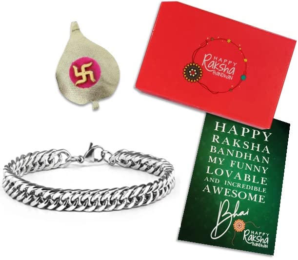 El Regalo 1 PC Stainless Steel Cuban Chain Bracelets Rakhi for Brother 1 PC Chain Bracelet Rakhi with shagun, Rakhi Message Card in Rakhi Gift Box for Bhai/Bhaiya/Bhatija (Option-3)
