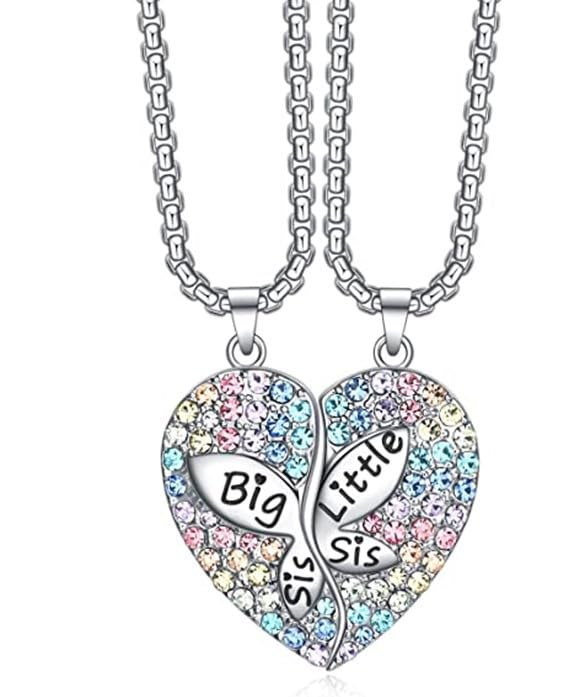 El Regalo 2 PCs Big Sister Little Sister Butterfly Heart Jewelry Gift for 2,Rainbow Heart Puzzle BFF Friendship Pendant for Kids Teens Women