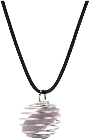 El Regalo 1 PC Healing Crystal Chakra Stone Necklace Gemstone Beads Round Iron Spiral Bead Cage Pendants Jewelry for Girls & Women (Amethyst)