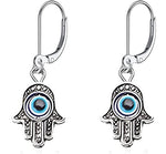 El Regalo 1 Pair Evil Eye Hamsa Hand Dangle Hoop Earrings - Silver, Dainty Blue Evil Eye Small Simple Hypoallergenic Earrings for Girls & Women