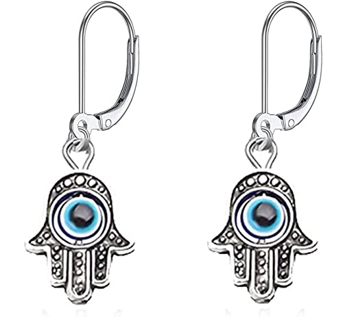El Regalo 1 Pair Evil Eye Hamsa Hand Dangle Hoop Earrings - Silver, Dainty Blue Evil Eye Small Simple Hypoallergenic Earrings for Girls & Women