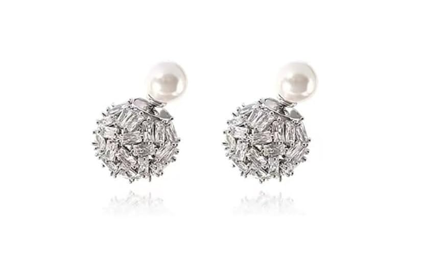 El Regalo Cute & Luxury Ear Jacket Crystal Ball Double Sides Stud Earrings for Women Girls- Elegant CZ Front Back Cartilage Studs Earring Dainty 2 in 1 Jewelry (Silver)