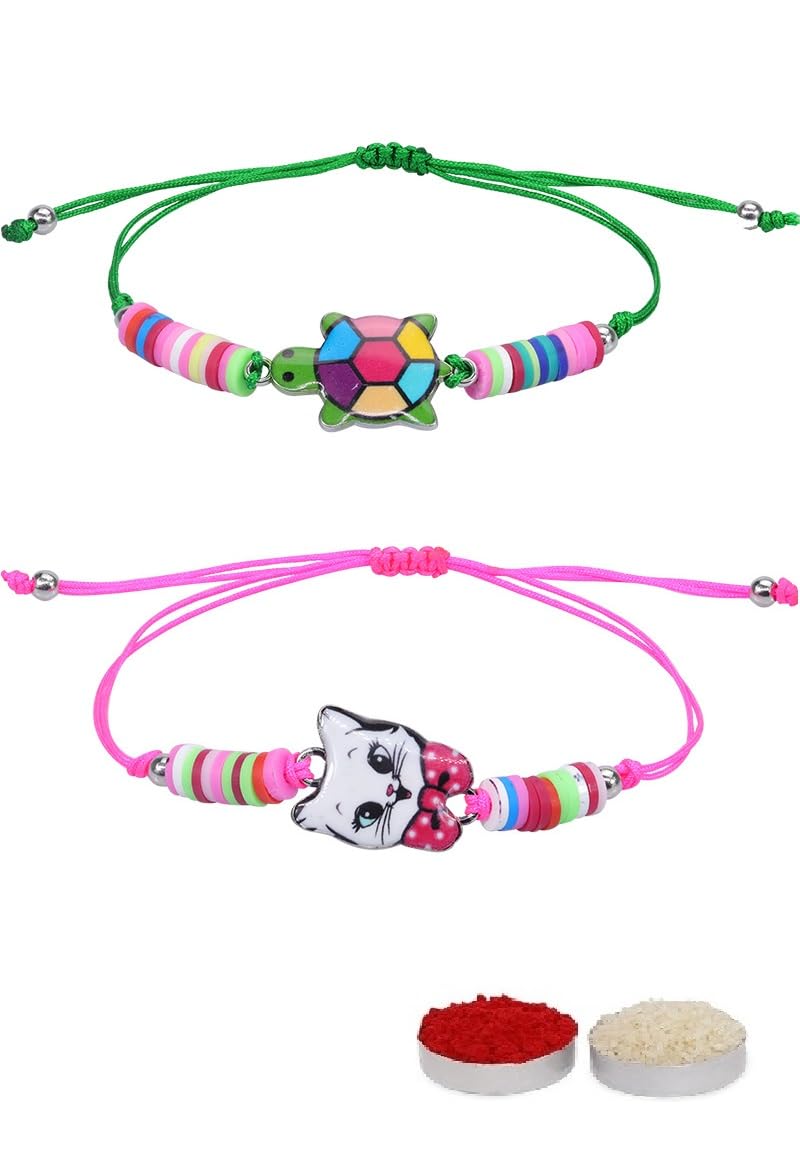 El Regalo 2 PCs Cute Rakhis Set for Kids - Beautiful 2 Kids Rakhis Set for Girls & Boys with Roli Chawal, Message Card in Rakhi Gift Box for Little Brother/Niece/Nephew (Kitty & Turtle Rakhi)