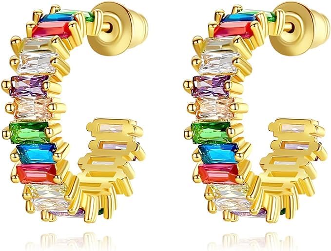 El Regalo Women's & Girl's Luxury Open C Hoop Swarvski Multi-Colored Cubic Zirconia Stainless Steel Hoop Earrings - Fashionable and Glamorous Rainbow Earrings