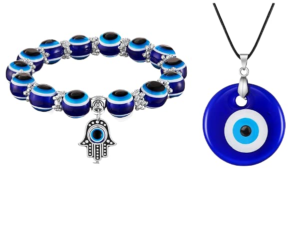 El Regalo 2 PCs Evil Eye Couple Jewelry Set- Evil Eye Big Leather Rope Necklace & Bracelet Set Best Friends/Besties/Couple- Women Men- Valentine's Day Gift (Evil Eye Jewelry Set- 1)