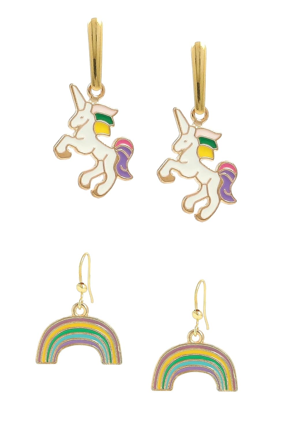 El Regalo 2 Pairs Girls Earring- Hypoallergenic Unicorns & Rainbow Enamel Dangle Earrings for Kids/Girls/Teens & Women (Option -2)