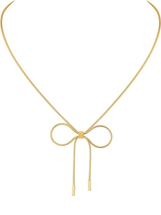 El Regalo Stainless Steel Bow Tie Pearl Necklace- Anti Tarnish, Waterproof, Minimalist, Statement Bow Choker Ribbon Necklace for Girls & Women (Golden Bow Snake)