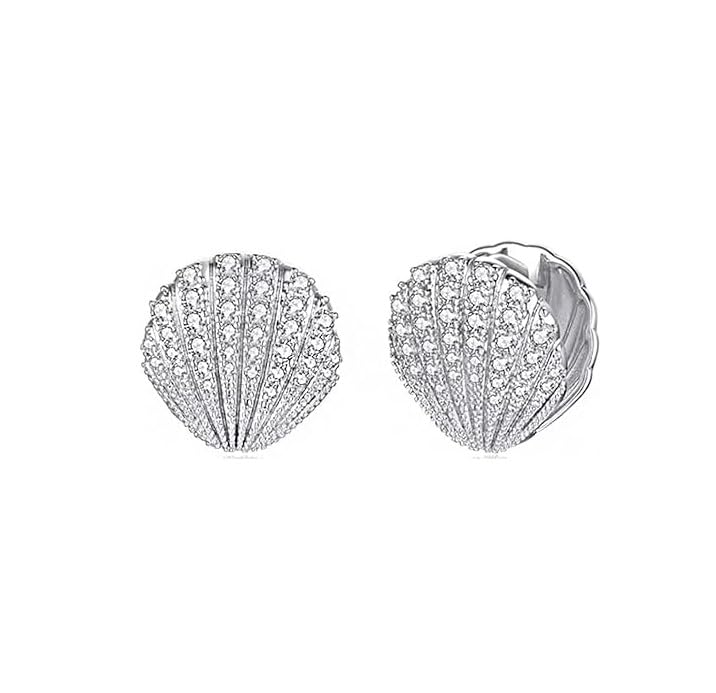 El Regalo Elegant French-Style Luxury Full Diamond Zircon Pearl Shell-shaped Ear Hoops Clips for Women & Girls- Full Paved Cubic Zirconia Shell Earrings (Silver)