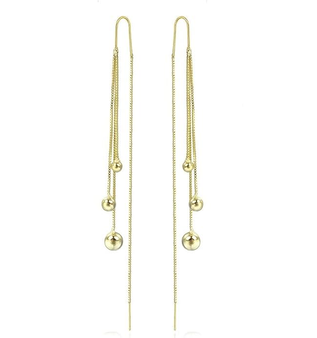El Regalo Modern Sui Dhaga Threader Earrings for Women - Minimalist Long Pull Through Chain Earrings - Light Dangle Needle Threaders for Multiple Piercings, Sensitive Ears (Triple Bead Drip)