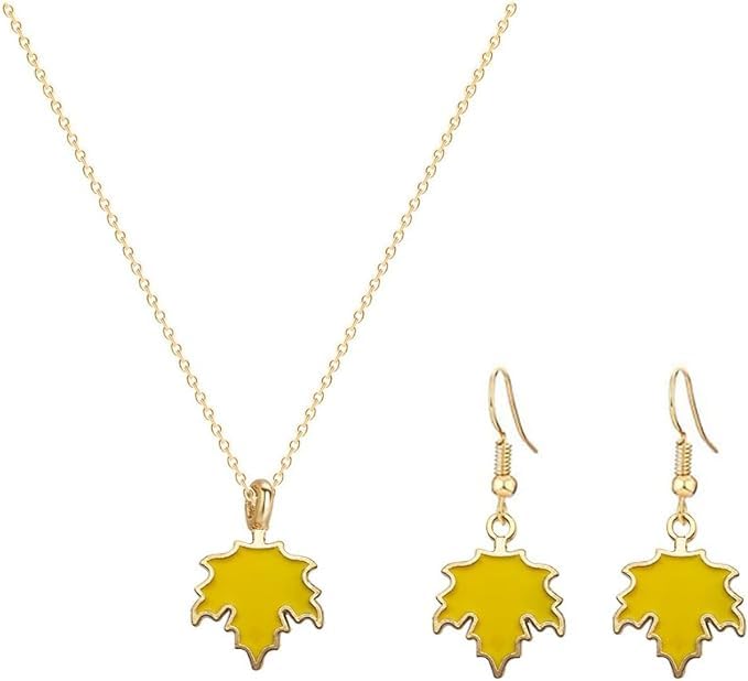 El Regalo Womens Maple Leaf Necklace & Earrings Jewelry Set- Contemporary Maple Leaves Set in Yellow, Orange & Red Glossy Finish (Yellow)