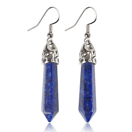 El Regalo Girls Natural Quartz Stones Healing Point Bullet Pencil Point Shape Crystal Chakra Dangle Earrings (Lapis Lazuli)