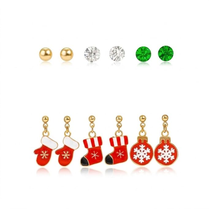 El Regalo 6 Pairs of Cute Christmas Earrings Set for Girls & Women- Xmas Charms Earrings with Tree, Santa, Snowman, Reindeer, Stars charms Stud & Dangle Earrings, Holiday & Secret Santa Gifts (Xmas Style-5)