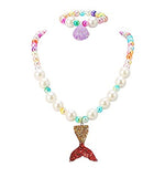 El Regalo 2 PCs Girls Mermaid Princess Necklace & Bracelet Set. Colorful Shiny Beads Bow Kids Costume Jewelry (Red Mermaid Set)