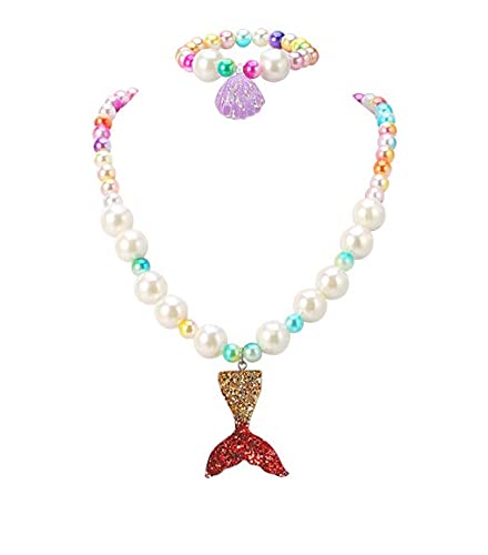 El Regalo 2 PCs Girls Mermaid Princess Necklace & Bracelet Set. Colorful Shiny Beads Bow Kids Costume Jewelry (Red Mermaid Set)