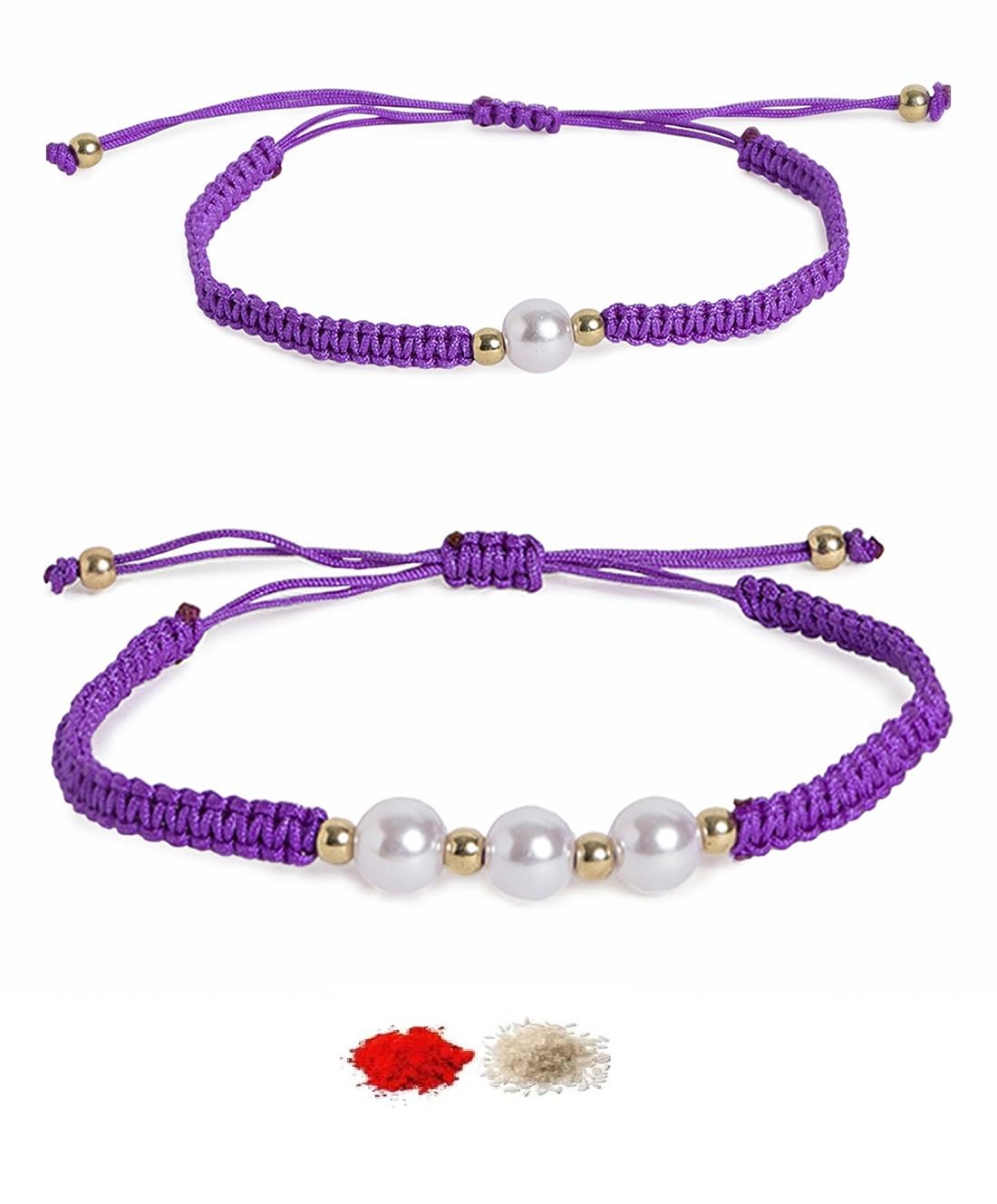 El Regalo 2PCs Pearls Rakhi Combo Set for Bhaiya-Bhabhi/Bhai- Bhatija/Bhatiji- Rakhi Gift Combo with 2 Pearls Rakhi, Roli-Chawal Shagun Pack, Message Card in Gift Box (Purple)