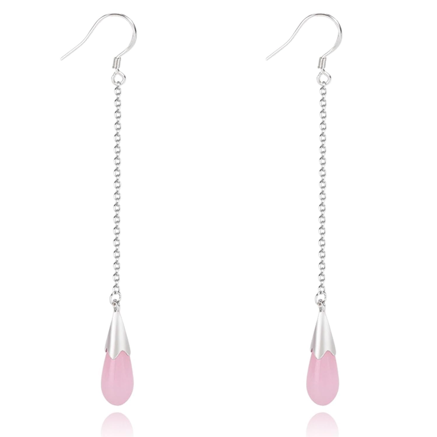 El Regalo Long Opal Liner Droplet Chain Dangle Threader Hook Earrings for Women - Silver Plated, Minimalist Tassel Design, Elegant Earrings (Light Pink)