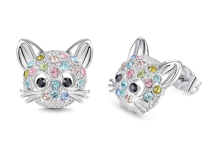 El Regalo Cute Multi-Color Crystal Cat Stud Earrings for Kids/Girls/Women- Silver-Plated Kitten Face Jewellery with Sparkly Rhinestones - Gift for Cat Lovers