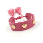 El Regalo Bohemian Style Heart Charm Rivet Tassel Unisex Bracelet | Handcrafted Woven Rope Bracelet with Golden Heart Charms and Adjustable Knot Closure (Berry Pink)