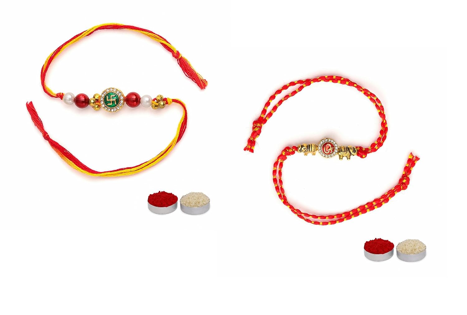El Regalo 2PCs Fancy OM Ganesha Swastik Red Moli Thread Rakhi Combo for Brother/Bhai/Bhaiya- Auspicious OM/Aum, Ganesha, Satiya Rakhi with Roli Chawal, Rakhi Message Card in Rakhi Gift Box