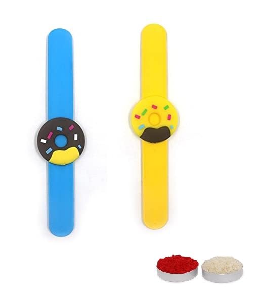 El Regalo 2 PCs Cute & Fun Kids Donut Rakhi - Silicone Donut Snap Clap Wristband Bracelet Rakhi for Brother/Sister/Niece/Nephew with Roli Chawal, Rakhi Card in Rakhi Gift Box (Option 2)