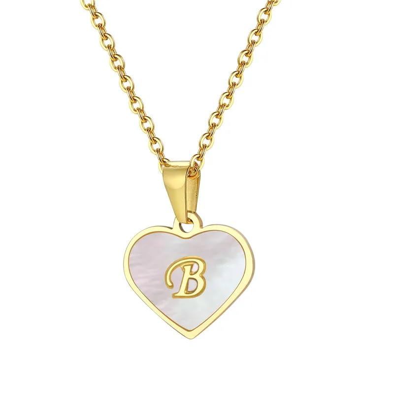 El Regalo Unisex Personalized Heart Name Initial Letters Pendant Necklaces - Stainless Steel Golden Heart Mother of Pearl Name Initials Letters Jewelry - Hypoallergenic Cursive Letters (A-Z) (B)
