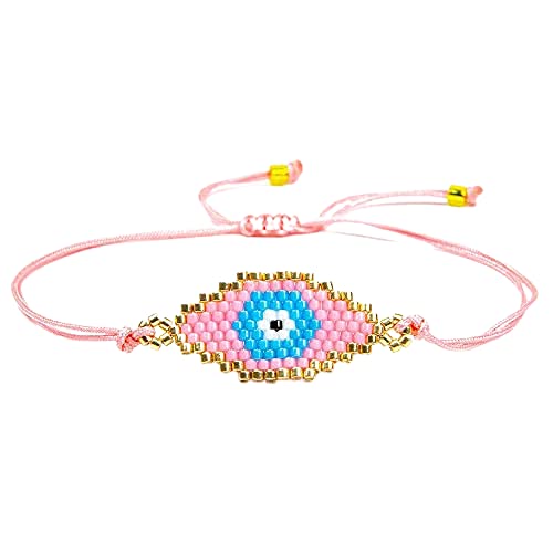 El Regalo Evil Eye Japanese Miyuki Seed Beads Lucky Unisex Bracelet | Handmade 100% Authentic Japanese Miyuki Seed Beads Bracelets (Pink)