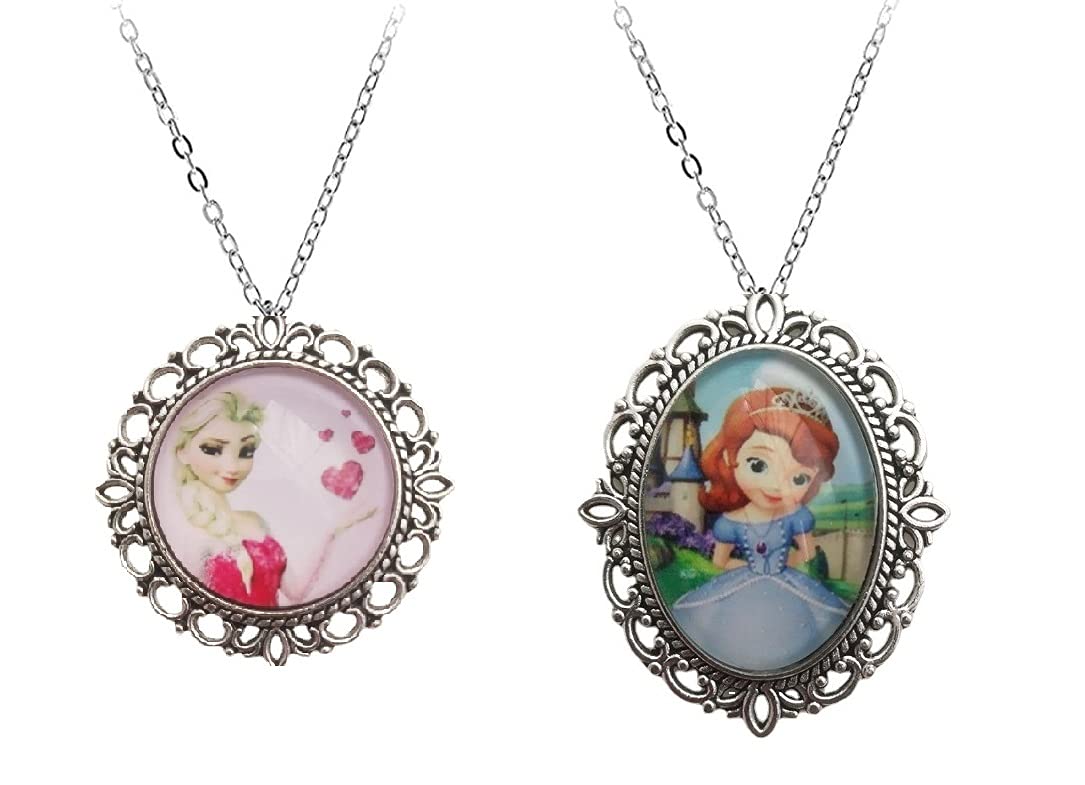 El Regalo 2 PCs Girls Princess Necklaces | Elsa/Sofia Princess Pendant Necklaces combo Jewelry Set for Girls/Kids/Toddlers