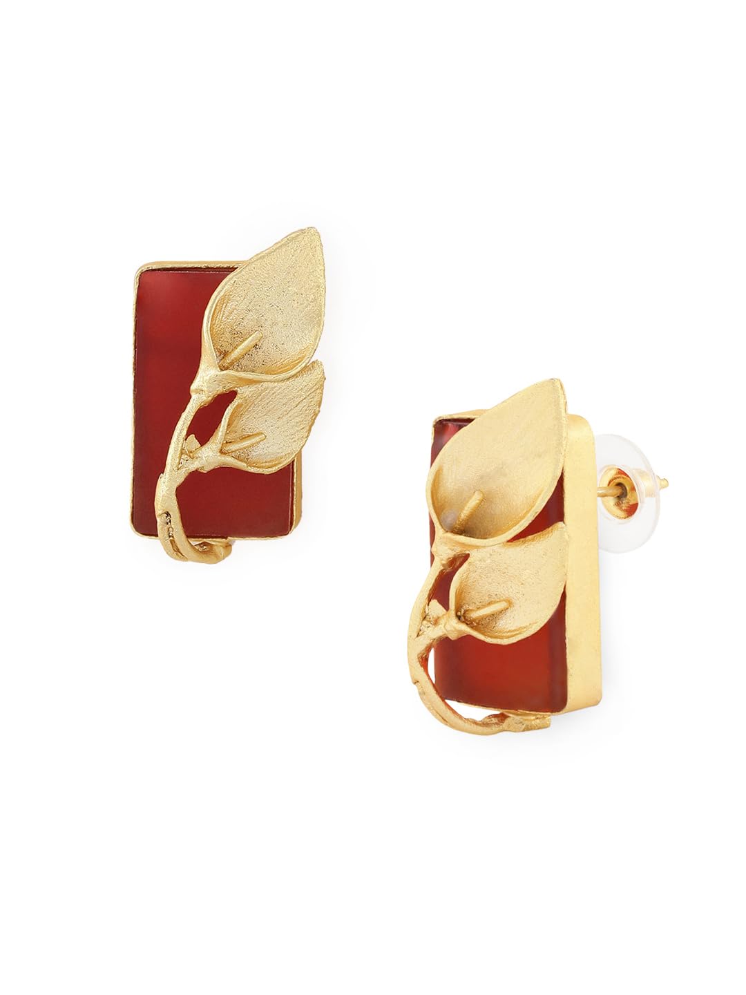 El Regalo Fancy Leaf Raw Stones Stud Brass Contemporary Earrings - Gold Plated Matte Finish Stone Studs for Girls and Women (Red)