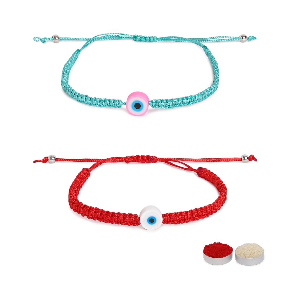 El Regalo 2PCs Rakhi Combo Set for Bhai-Bhabhi or Bhai-Bhatija/Bhatiji- 2 Evil Eye Rakhis Set with Roli Chanwal, Rakhi Card in Rakhi Gift Box (Option-4)