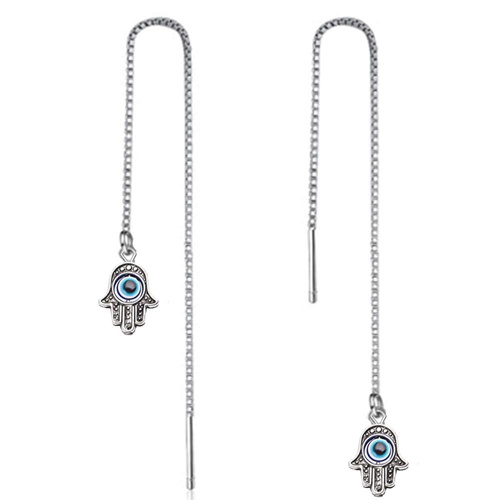 El Regalo 1 Pair Evil Eye Hamsa Hand Earrings - Small Dangle Hoop Earring Dainty Blue Small Simple Hypoallergenic Earrings for Girls & Women (Evil Eye Hamsa Hand Threader)