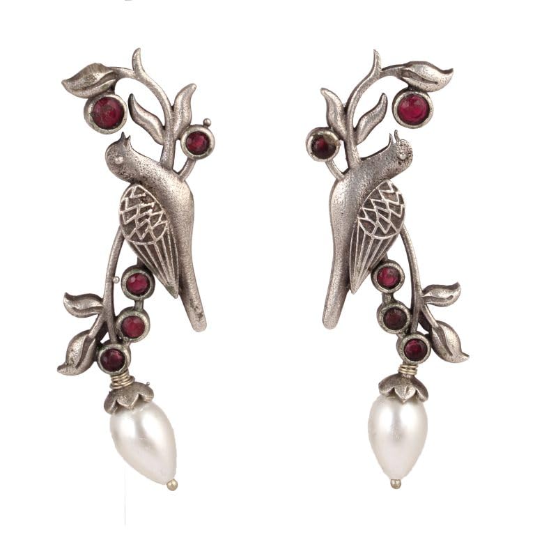 El Regalo Oxidized Bird Earrings with Pearl- Handmade Silver Replica Brass Earrings in Antique Silver Finish for Girls & Women
