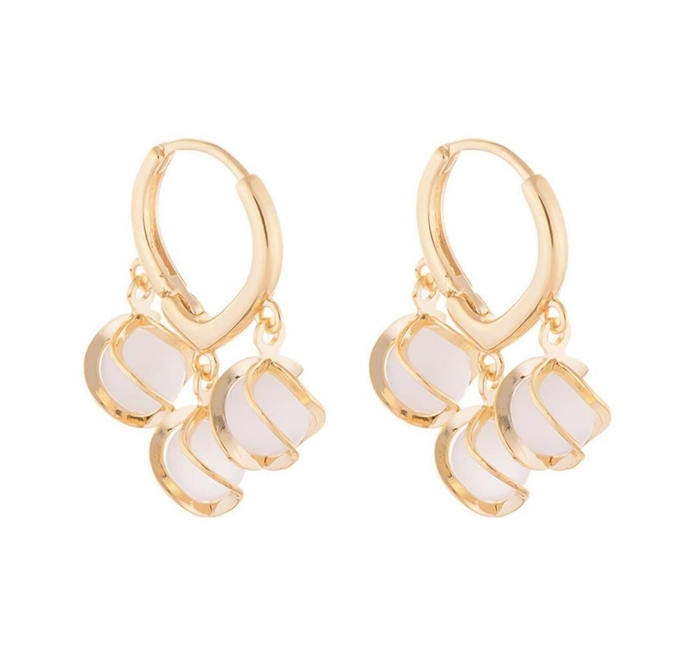 El Regalo 3 Moonstone Dangle Hoop Earrings- Love Ear Buckle Temperament Spiral Beads Hypoellergenic Hoop Earrings