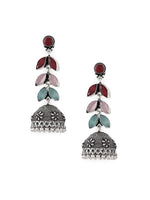 El Regalo Elegant Oxidized Stones Leaves Brass Jhumka Earrings- Silver Lookalike Ethnic Long Jhumki Earrings for Women Girls (Multi)