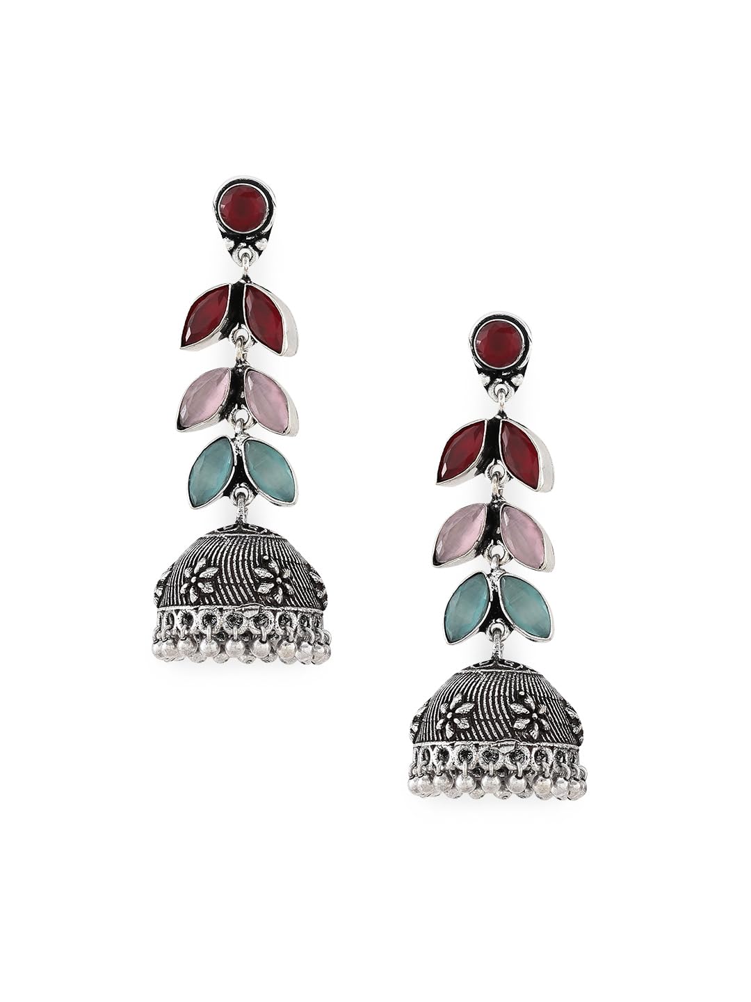 El Regalo Elegant Oxidized Stones Leaves Brass Jhumka Earrings- Silver Lookalike Ethnic Long Jhumki Earrings for Women Girls (Multi)