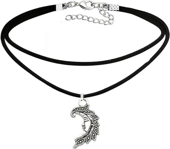 El Regalo 1PC Retro Gothic Sun or Crescent Moon Charm Choker Necklace- Faux Leather Double Layer Sun/Moon Pendant Necklace for Girls & Women (Crescent Moon)