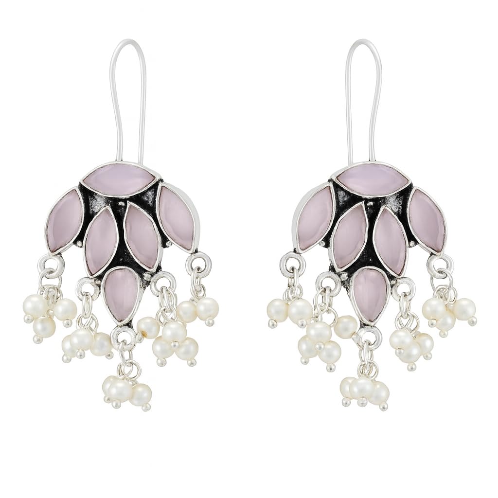 El Regalo 925 Silver Plated Stones Studded Cluster Pearls Dangle Hook Oxidized Earrings - Handcrafted Elegant Jewelry for Women (Lavender Pink)