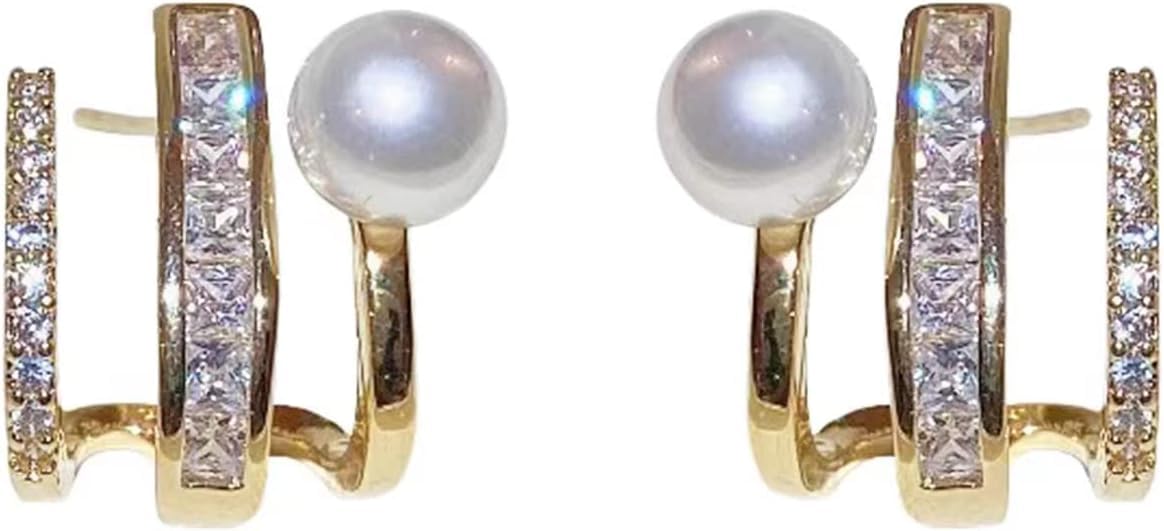 El Regalo Gold Plated Pearl Claw Ear Zircon Cuff Stud Earrings- Fancy Korean Temperament Pearl Zircon Stud Earrings for Girls/Women