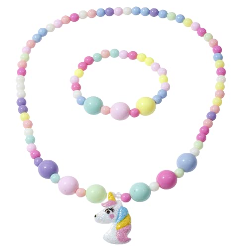 El Regalo 2 PCs Kids Girls Colorful Jewelry Sets - Kids Candy Color Beads Necklace & Bracelets Jewelry Sets for Kids Girls & Toddlers (Unicorn Set)