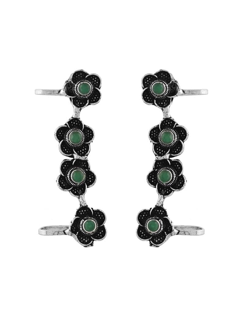 El Regalo Traditional Oxidized German Silver Non Pierced Floral Cuff Earrings for Women (Green Flower)