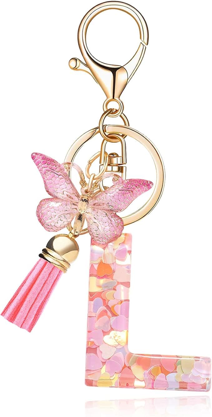 El Regalo Personalized Name Initials Butterfly Charm Keychain - Custom Letter Keyring with Pink Tassel & Butterfly Pendant, Purse, Bag, Backpack Accessory (L Letter)