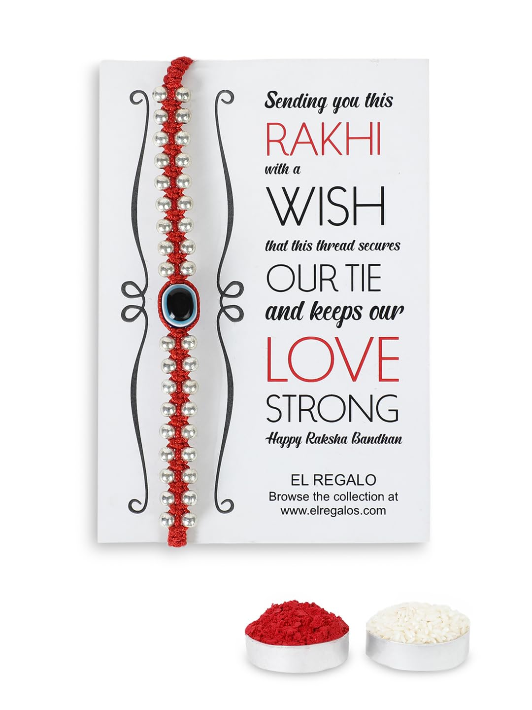 El Regalo Simple & Elegant Evil Eye Rakhi for Brother- Silver & Golden Beads Evil Eye Bracelet Rakhi for Brother/Bhai/Bhaiya with Roli Chawal in Rakhi Gift Box (Silver Red)