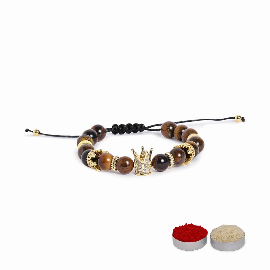 El Regalo 1 PC Natural Stones AD King Crown Rakhi for Brother/Bhai- Designer Handcrafted Natural Stones Rakhi with Roli-Chawal Shagun, Rakhi Message Card in Rakhi Gift Box (Brown & Golden)