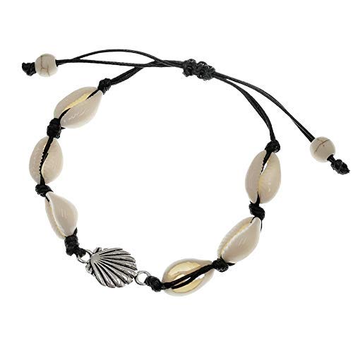 El Regalo Bohemian Cowrie Beads Adjustable Anklet Bracelets for Girls & Women (Black with Shell Charm)