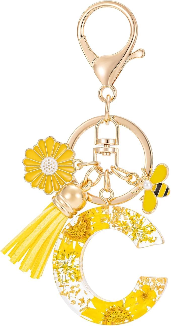 El Regalo Personalized Name Initials Natural Flowers & Bee Charm Keychain - Custom Letter Keyring with Daisy Flower & Honey Bee Pendant, Purse, Bag, Backpack Accessory (Letter C)