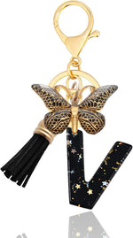 El Regalo Personalized Name Initials Butterfly Charm Keychain - Name Letter Keyring with Black & Golden Tassel & Butterfly Pendant, Purse, Bag, Backpack Accessory (V Letter)