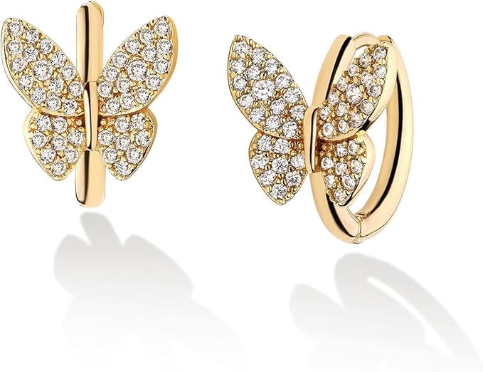 El Regalo Cubic Zirconia Butterfly Huggie Hoop Earrings - 14K Gold Plated Small Hoops for Girls, Teens & Women | Hypoallergenic Tiny Butterfly Earrings