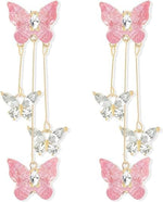 El Regalo Cute 3D Crystal Butterfly Tassel Earrings for Women & Girls | 18K Gold Plated Long Hanging Drop Linear Earrings | Elegant Korean Aesthetic Western Party Jewelry (Pink)