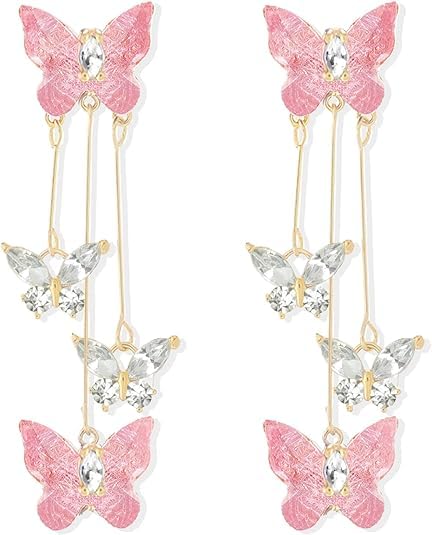 El Regalo Cute 3D Crystal Butterfly Tassel Earrings for Women & Girls | 18K Gold Plated Long Hanging Drop Linear Earrings | Elegant Korean Aesthetic Western Party Jewelry (Pink)