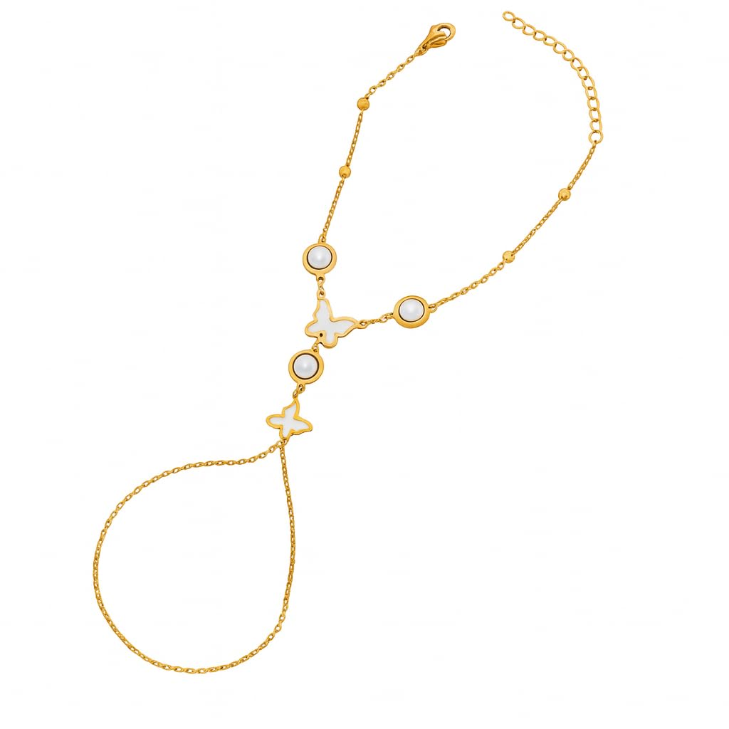 El Regalo 1PC Stainless Steel Non-Tarnish Hand Chain Bracelet with Finger Ring | Elegant & Trendy Adjustable Golden Bracelet for Women & Girls (Buterfly Pearl)